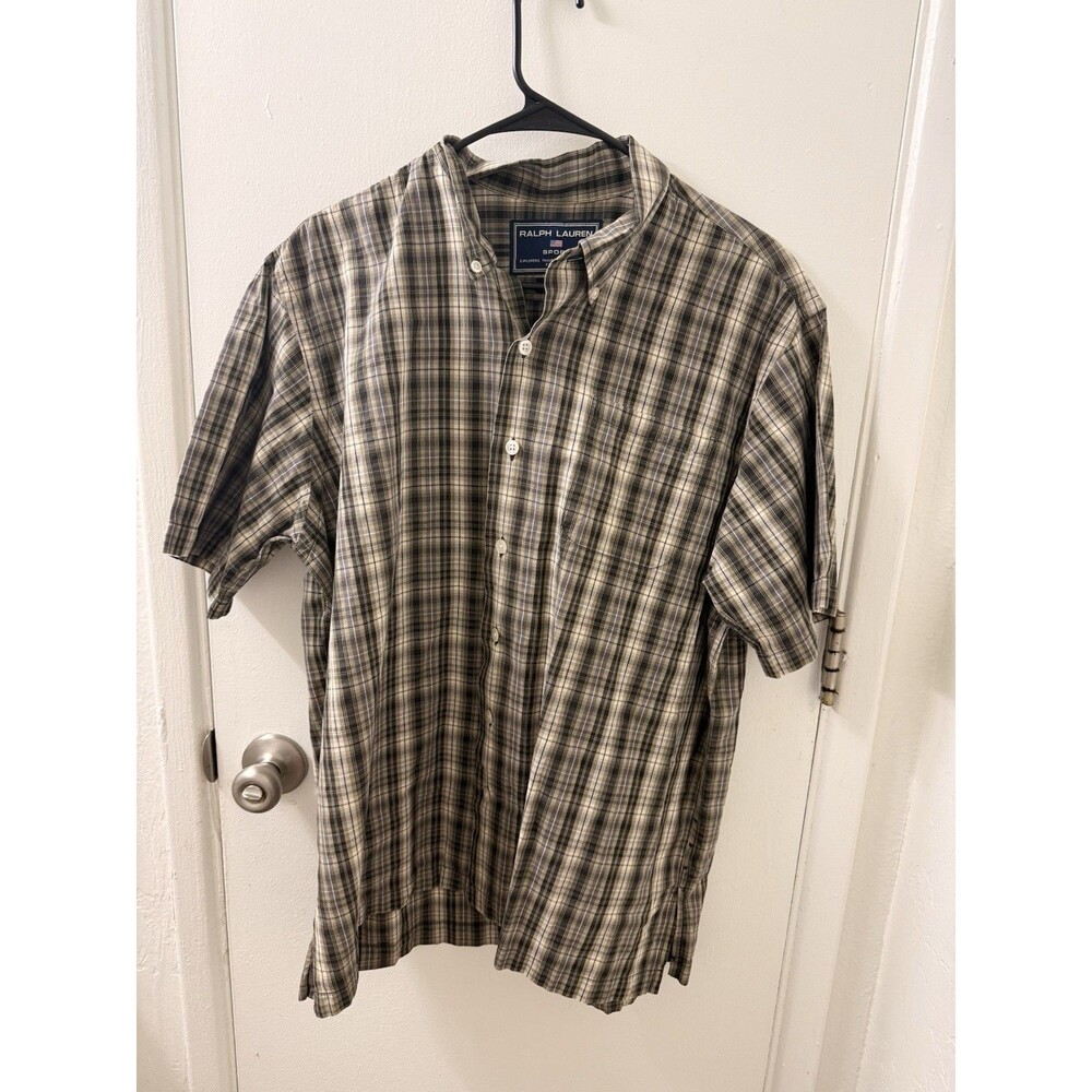 Ralph Lauren Sport Men's L Plaid Button-Down Shirt Gray Beige Cotton